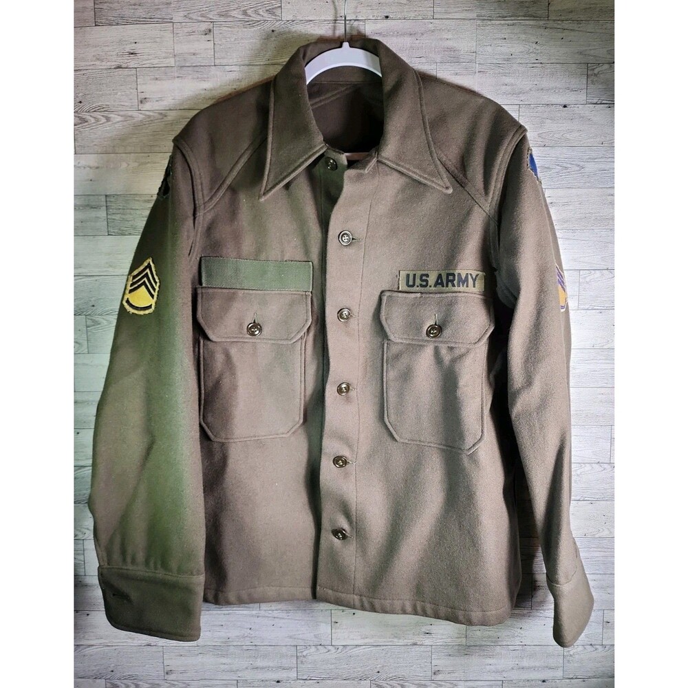 Vintage 1950s U.S. Army Wool Field Coat Jacket with Patches Military USA